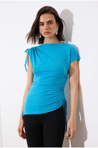 Mavi Fitted/Body-Fitting High Neck Low Arm Short Sleeve Gathered Stretch Knit Blouse product thumbnail 2