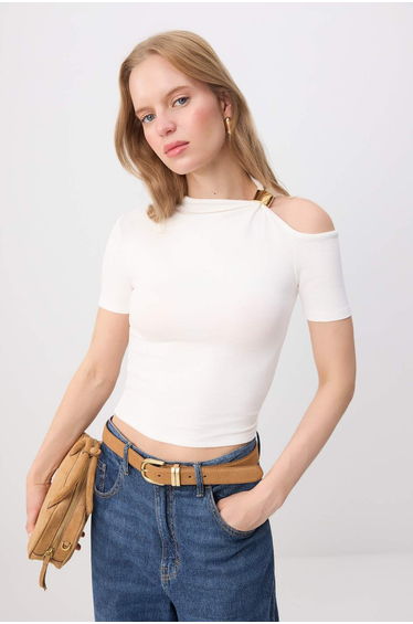 Ecru Fitted/Asymmetrical Neckline Soft Knitted Undershirt with Accessory Detail