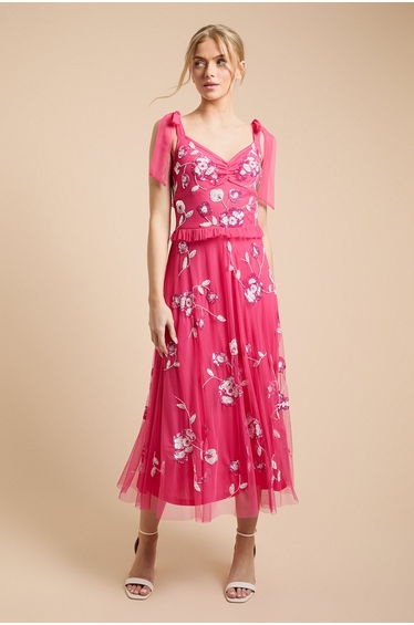 Tie Shoulder Floral Embellished Midaxi Dress