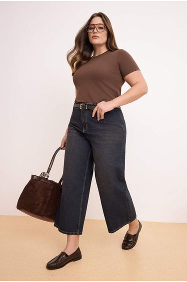 Brown High Waist Pencil Detailed Plus Size Culotte Fit Jeans
