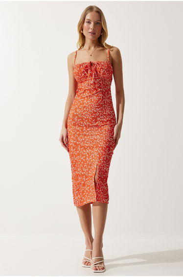 Happiness İStanbul Orange Floral Bodycon Midi Dress