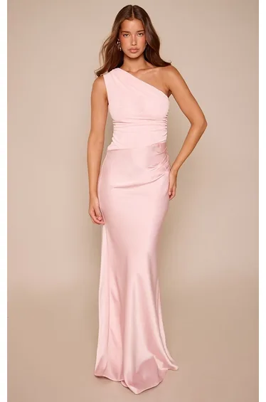 Baby Pink One Shoulder Satin Contrast Maxi Dress