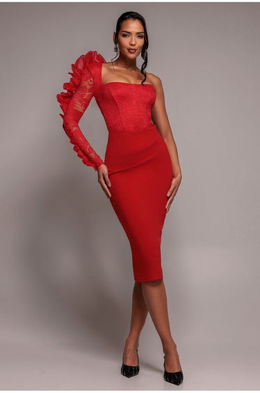 Goddiva One Shoulder Organza Fan Detail Lace Bodice Midi Dress - Red