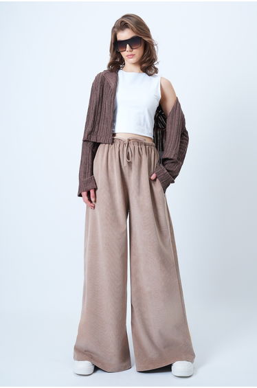 Women's dark beige double pocketed lace detailed wide leg velvet pants