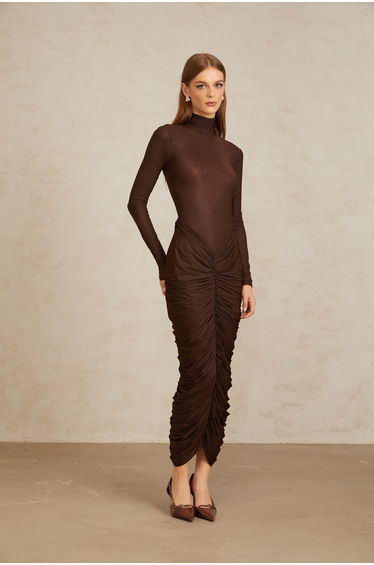 Charitina Brown Fitted Ruched Midi Dress