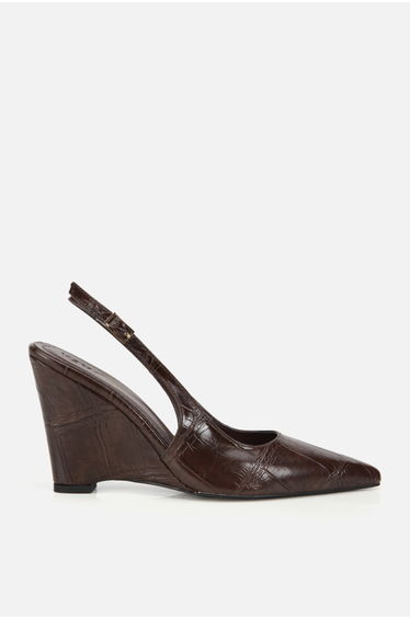 Women's Brown Croco Patterned Pointed Toe Shoes, Pack of Wedge Heel