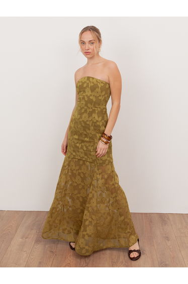 Anaya With Love Recycled Golden Olive Floral Burnout Bandeau Maxi Dress