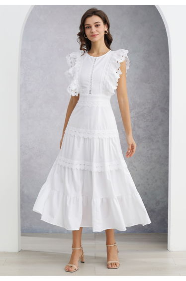Crochet Trim Sleeveless Midi Dress in White