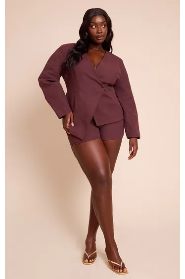 بليزر كتان بأكمام لون بني - للمقاسات الكبيرة