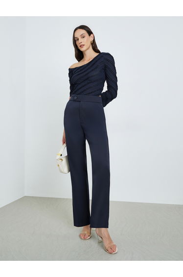 Navy Blue High Rise Straight Fit Trousers