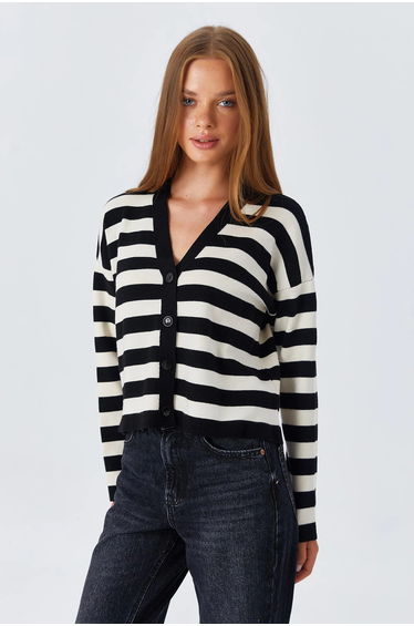 Mixray Striped V-Neck Buttoned Cardigan