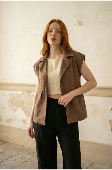 MY FASHION Cotton Waistcoat with Jacket Collar and Pocket