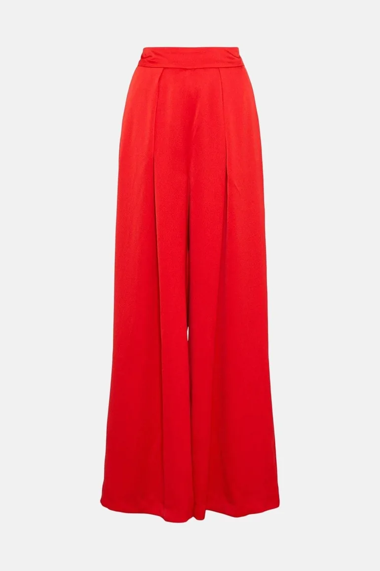 Satin Crepe Wide Leg High Waist Trousers - 3