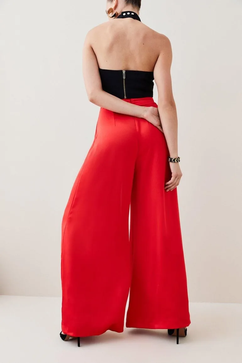 Satin Crepe Wide Leg High Waist Trousers - 2