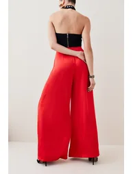 Satin Crepe Wide Leg High Waist Trousers - 2