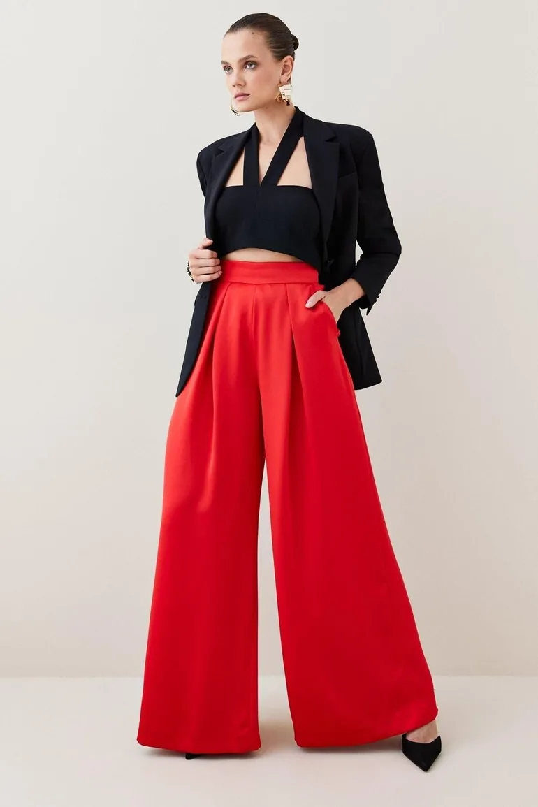Satin Crepe Wide Leg High Waist Trousers