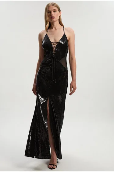 Sequin Power Mesh Lace Up Front Halter Neck Split Detail Maxi Dress