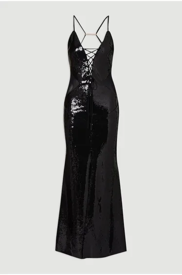 Sequin Power Mesh Lace Up Front Halter Neck Split Detail Maxi Dress