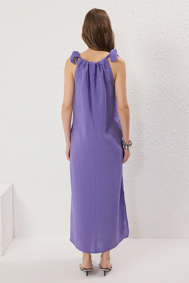 Purple Straight Cut Collar Tie Detailed Maxi Modal Woven Dress - 3