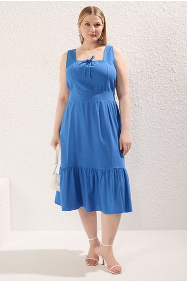 Blue Square Neck A-Line Woven Dress