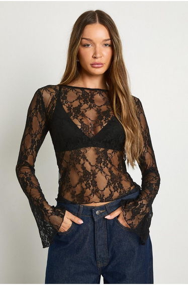 Lace Boat Neck Flare Sleeve Top - black