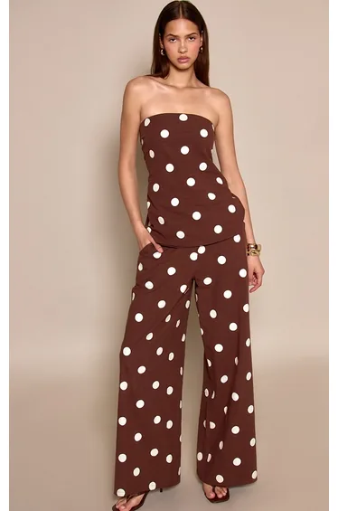 Dark Brown Polka Dot Cotton Tailored Trouser