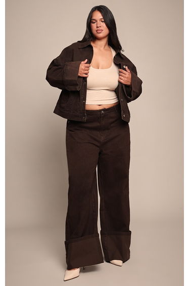 Plus Chocolate Turn Up Cuff Contrast Stitch Denim Jacket