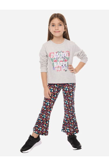 Embellished Round Neck Sweatshirt and Floral Printed Flared Leggings Set