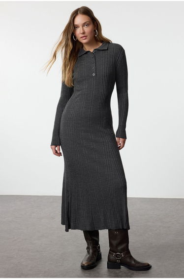 Anthracite Polo Collar Rib Knit Dress