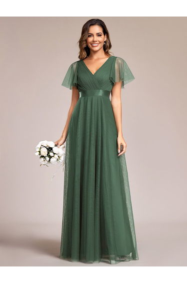 pretty MISTE|Women's Floor-Length Plus Size Formal Bridesmaid Dress with Short Sleeve