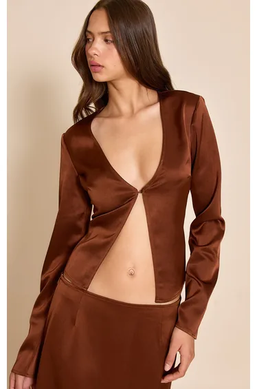 Chocolate Satin Plunge Button Long Sleeve Top