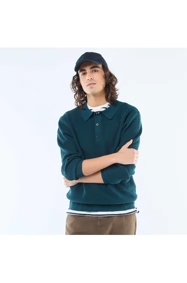 Waffle Knit Polo Collar Sweater BLUE