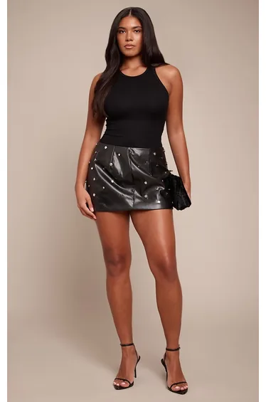 Shape Black Faux Leather Metal Studded Mini Skirt