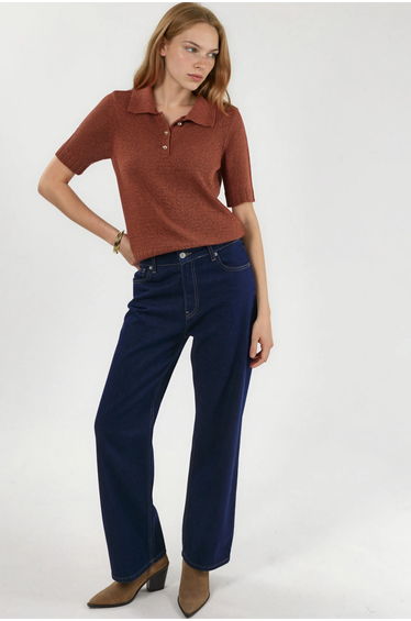 Textured Knit Polo Collar Top