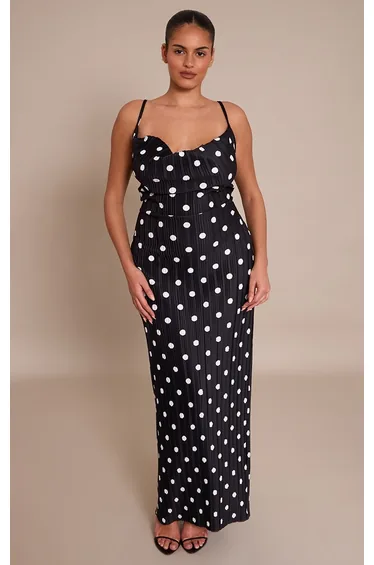 Plus Black Polka Dot Printed Plisse Cowl Neck Maxi Dress