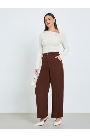 Brown Solid Wide Leg Trousers