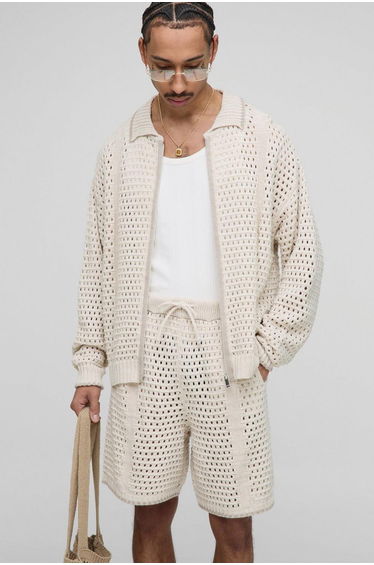 Oversized Boxy Blanket Open Stitch Knitted Tracksuit - stone