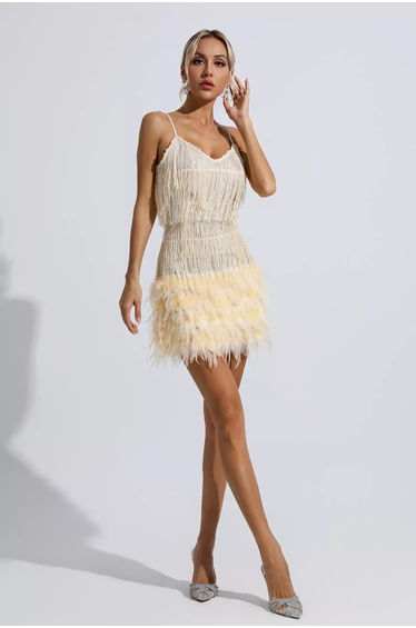 Lilliana Champagne Feather Tassel Sequin Mini Dress