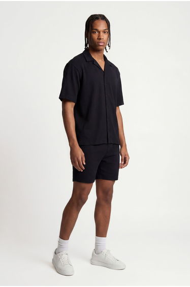 Short Sleeve Ribbed Revere Oversized Shirt - black