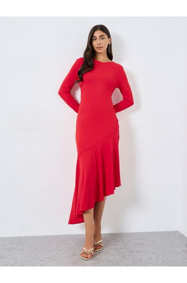 Solid Long Sleeve Asymmetric Hem Midi Dress