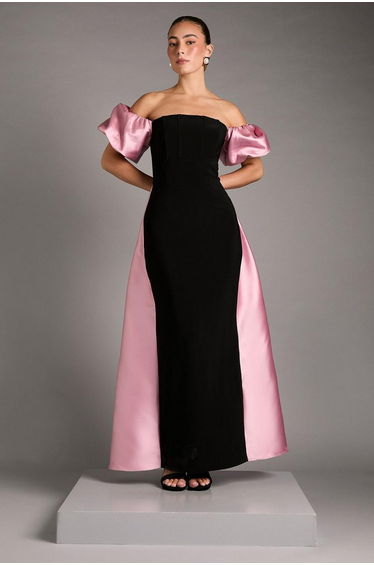Bardot Puff Sleeve Strapless Maxi Dress with Full Skirt Back Detail