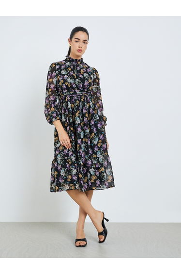 Women Black Floral Print A-Line Midi Dress