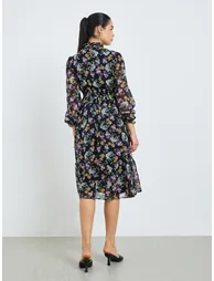 Women Black Floral Print A-Line Midi Dress - 4