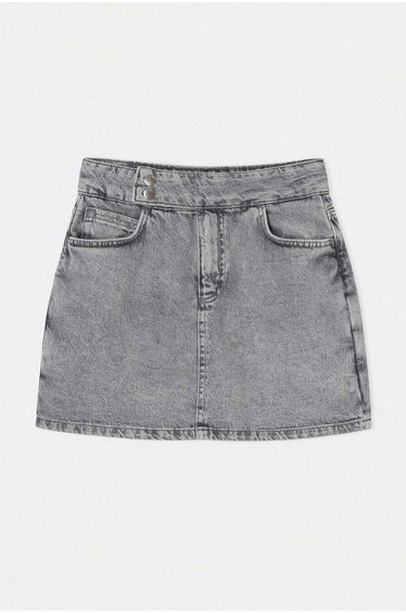 Gray Waist Detailed 100% Cotton Denim Shorts Skirt