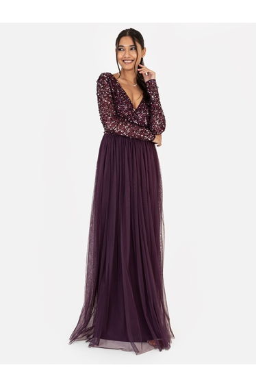 Maya Berry Faux Warp Front Embellished Maxi Dress