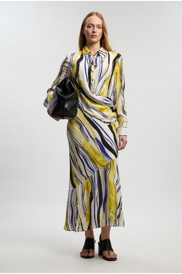 Brush Stroke Print Twill Woven Maxi Shirt Dress