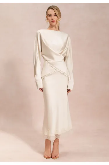 Scalloped Lace-Trim Crisscross Satin Top in Ivory for Bridal Events & Anniversary Dinners