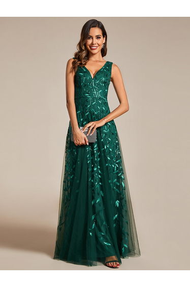ever ZOEY|V-Neck Leaf Sequin Sleeveless A-Line Formal Evening Dress with Tulle