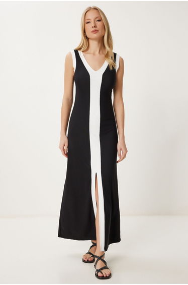 Women's Black White Contrast Color Stretchy Ribbed Knitted Dress