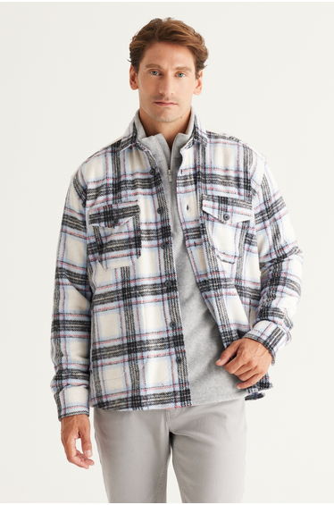 Ecru Blue Oversized Loose Fit Buttoned Collar Pocket Plaid Patterned Lumberjack Winter Shirt